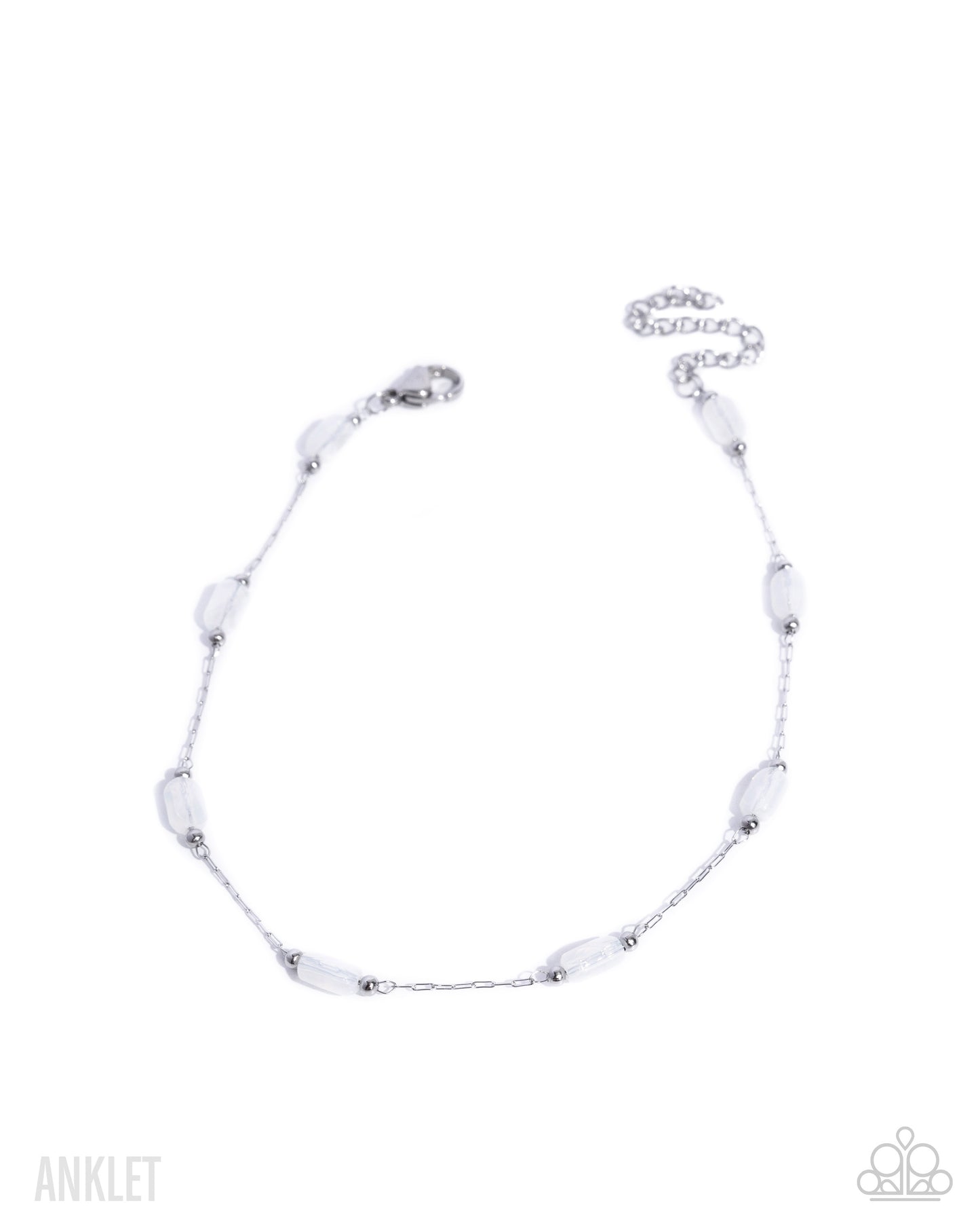 Silver anklet with white beads on a white background