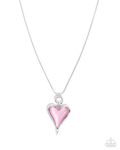Necklace with a pink heart-shaped pendant on a white background