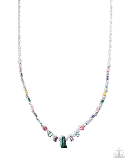 Multicolored beaded necklace on a white background