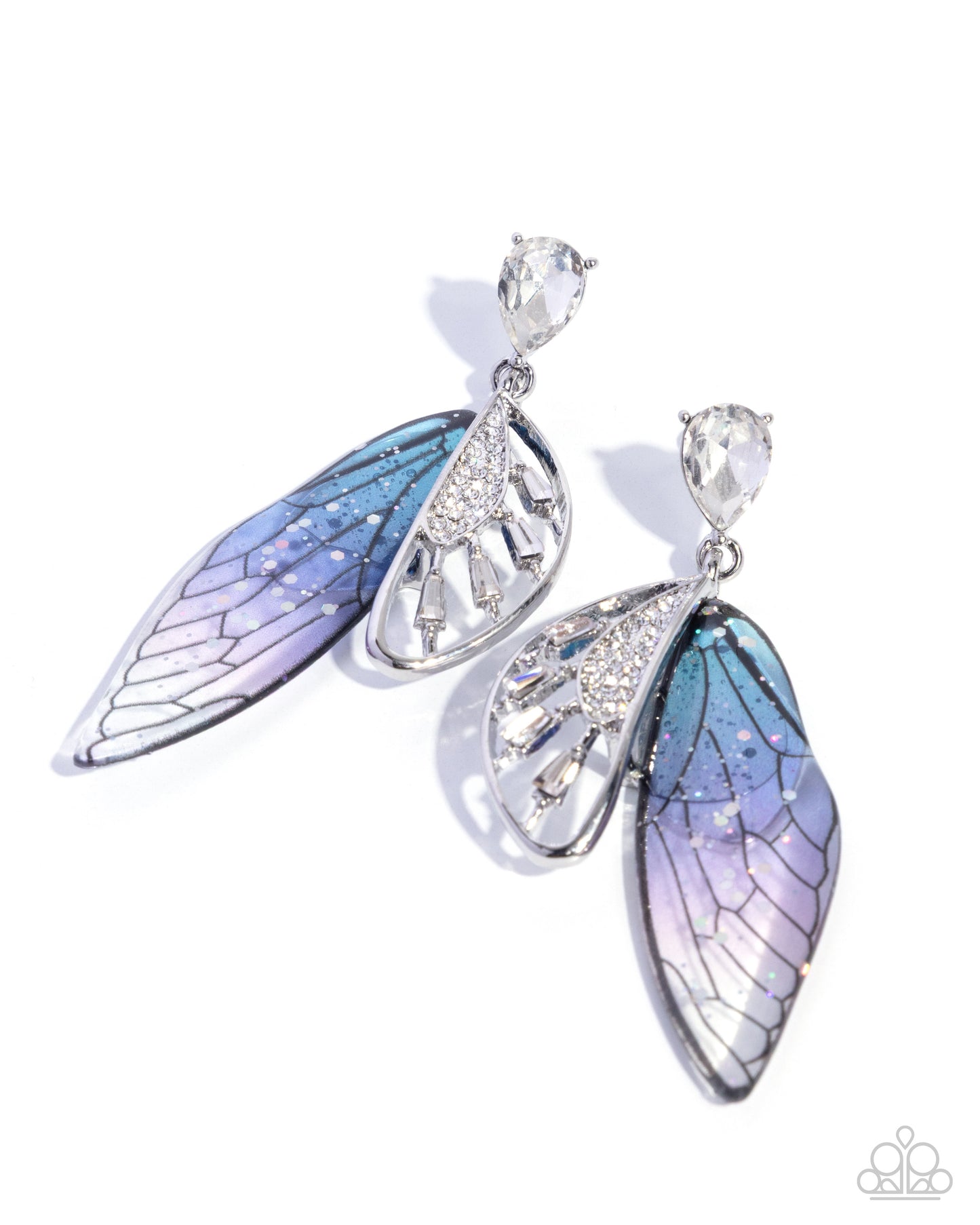 Butterfly wing earrings with purple and blue iridescent wings on a white background