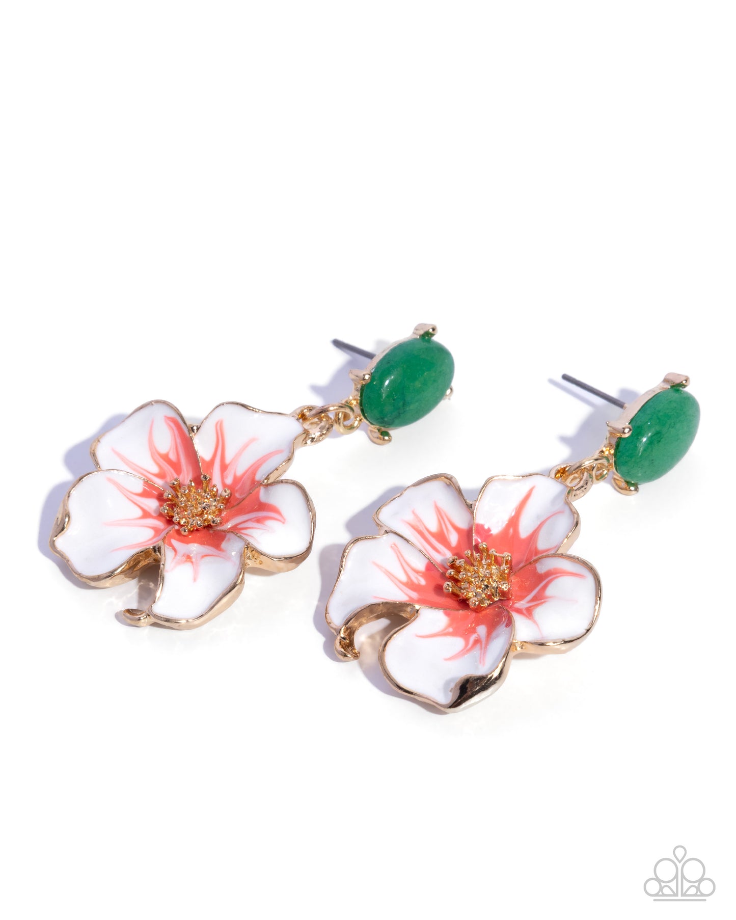 Floral earrings with pink centers and green accents on a white background