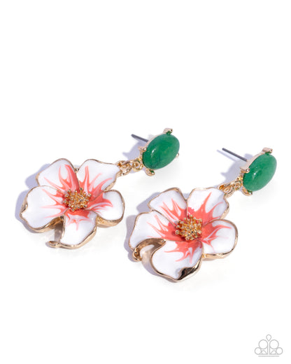 Floral earrings with pink centers and green accents on a white background