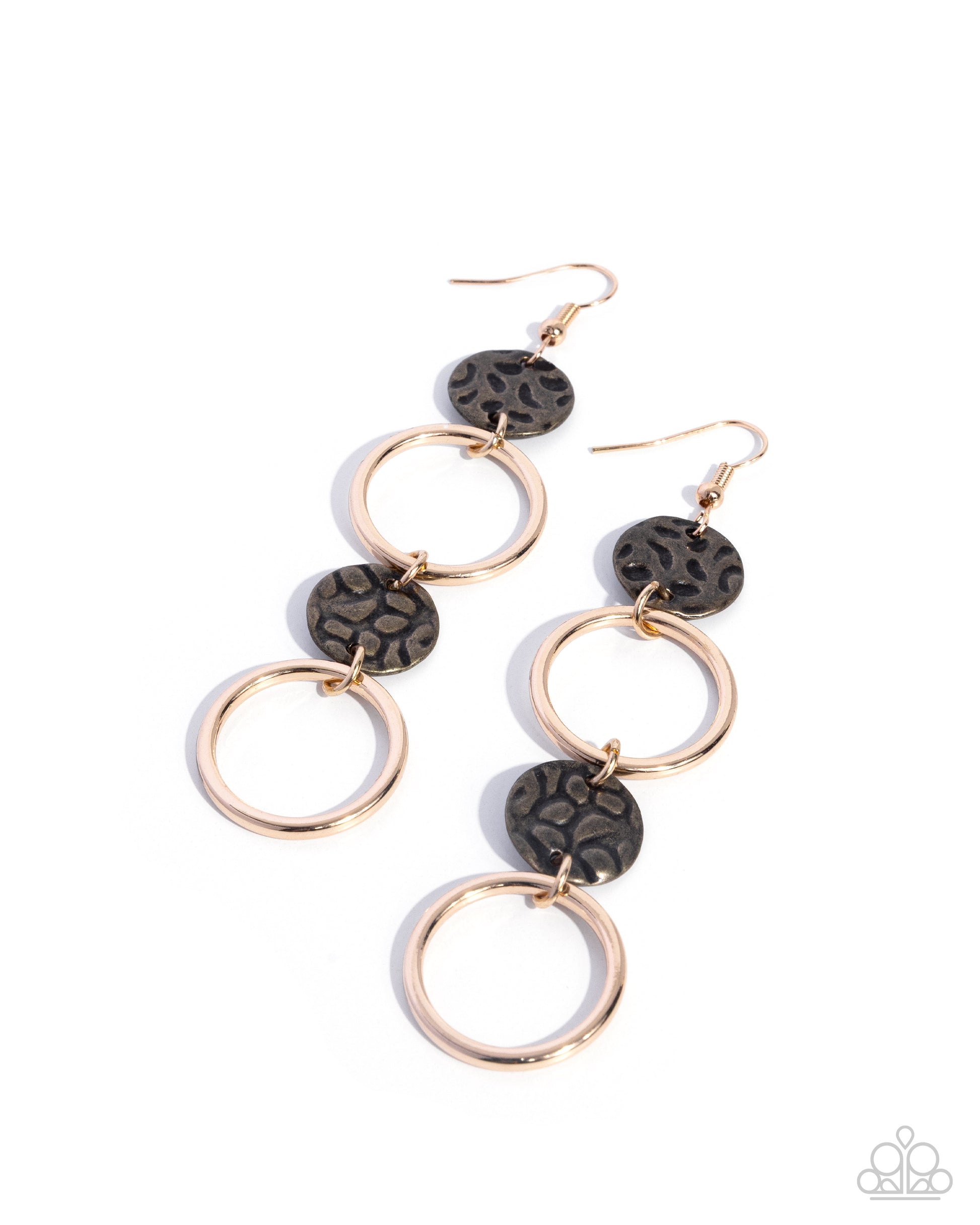 A pair of dangle earrings featuring textured black circular beads and polished rose gold-toned rings, shown on a clean white background.