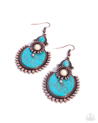 Turquoise earrings with bronze accents on a white background