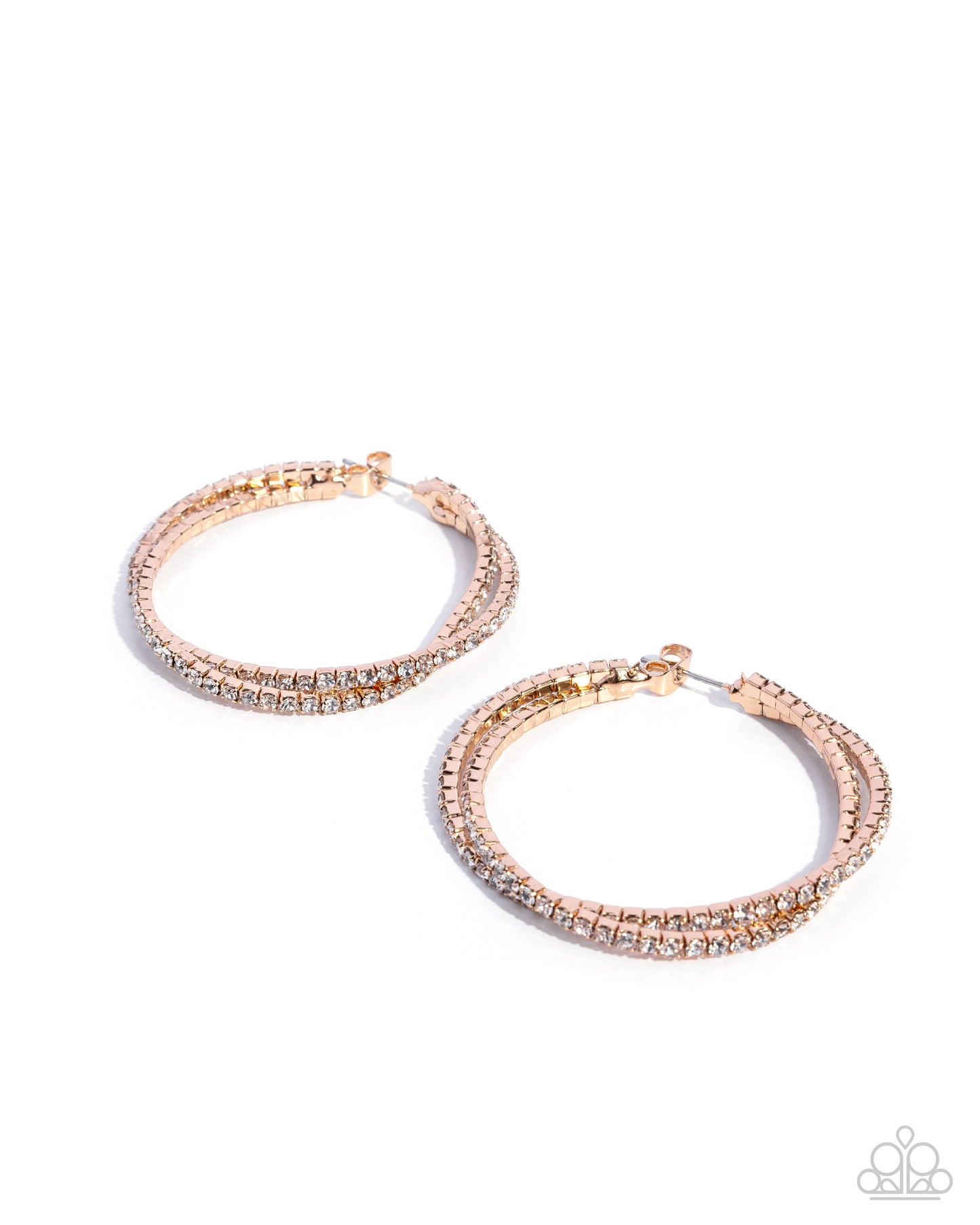 Rose gold hoop earrings with clear gemstones on a white background