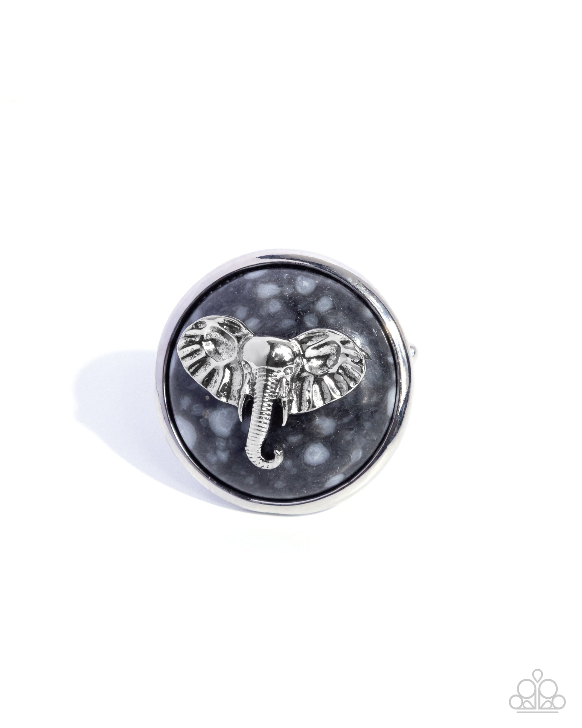 Silver elephant design on a round black stone background