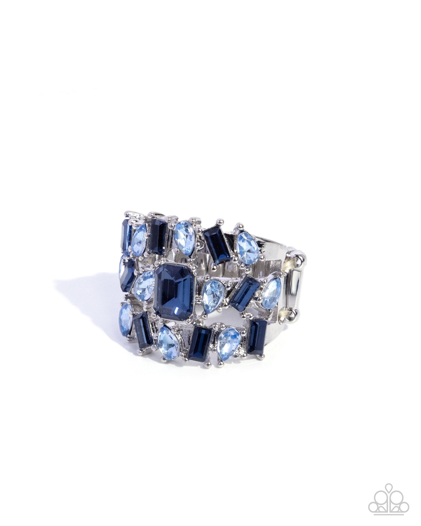 Blue and silver ring with gemstones on a white background