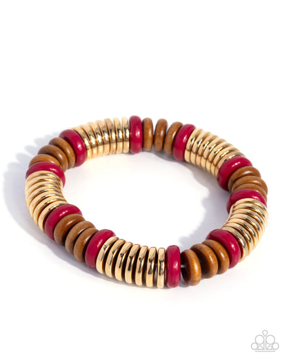 Bracelet with wooden and red beads on a white background