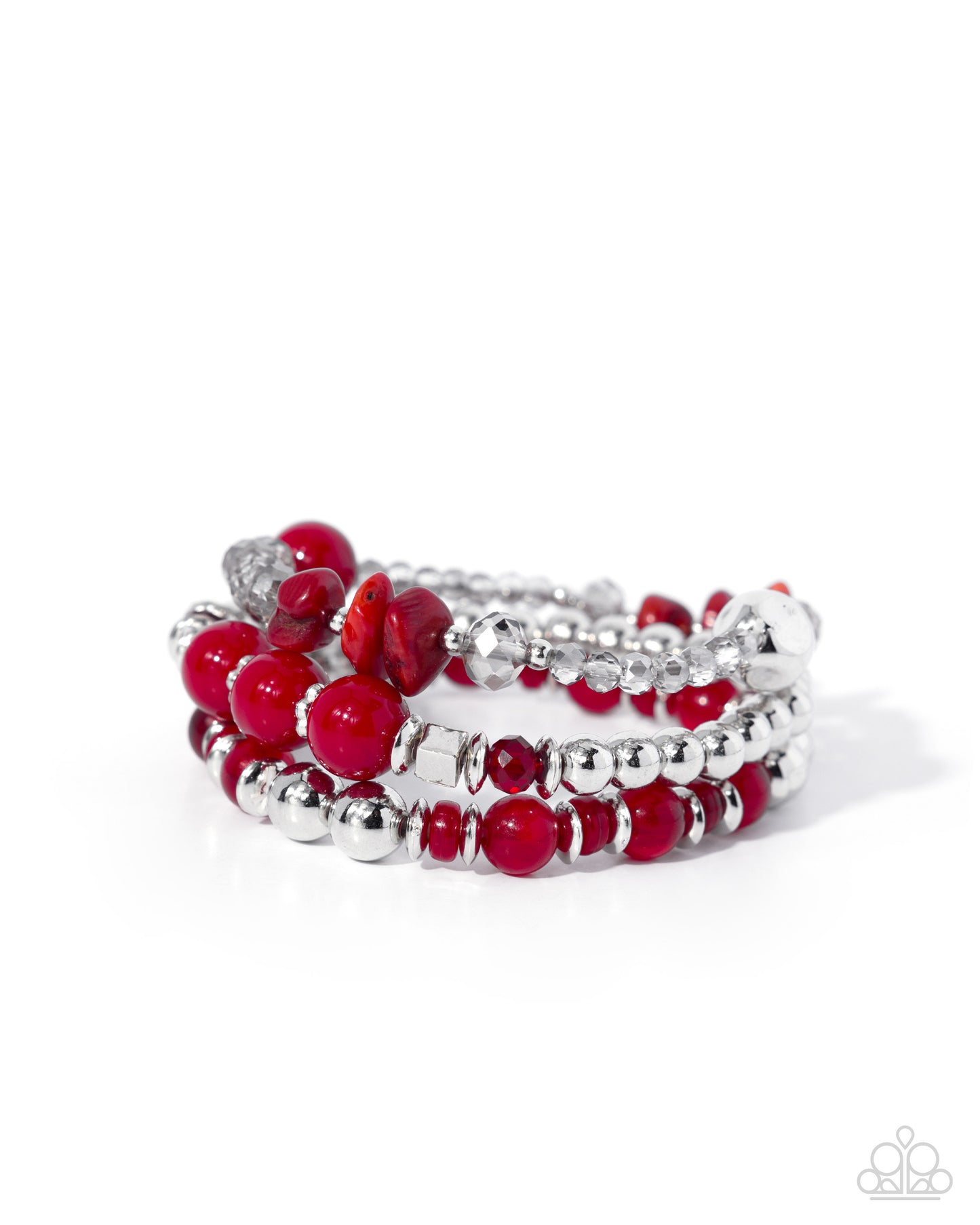 Stack of red and silver beaded bracelets on a white background