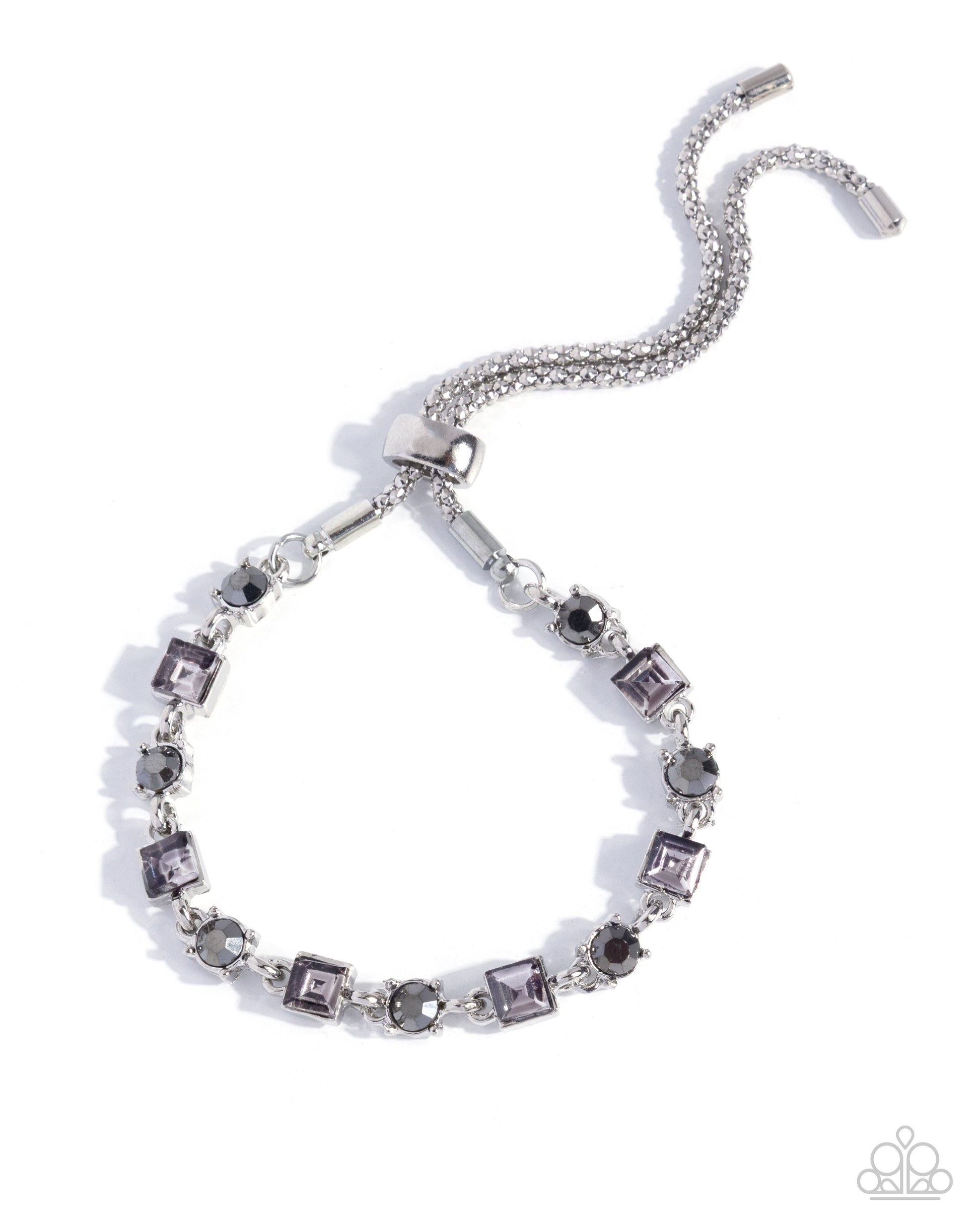 Silver bracelet with square-shaped beads on a white background