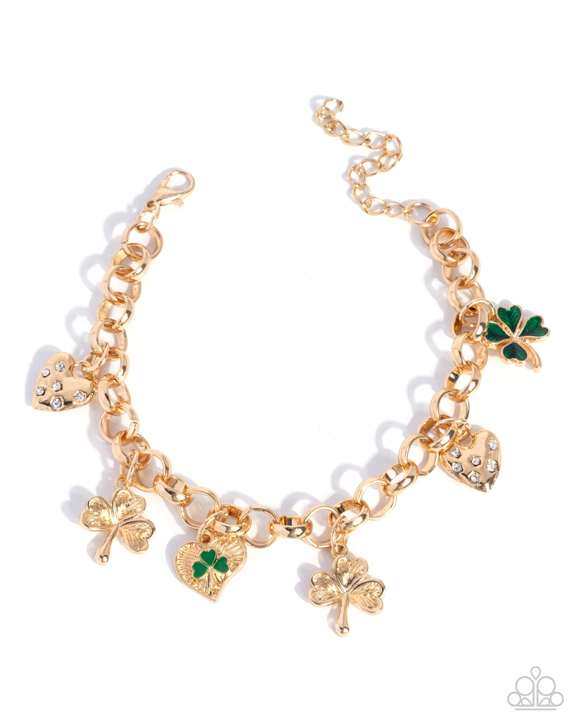Gold bracelet with charms on a white background