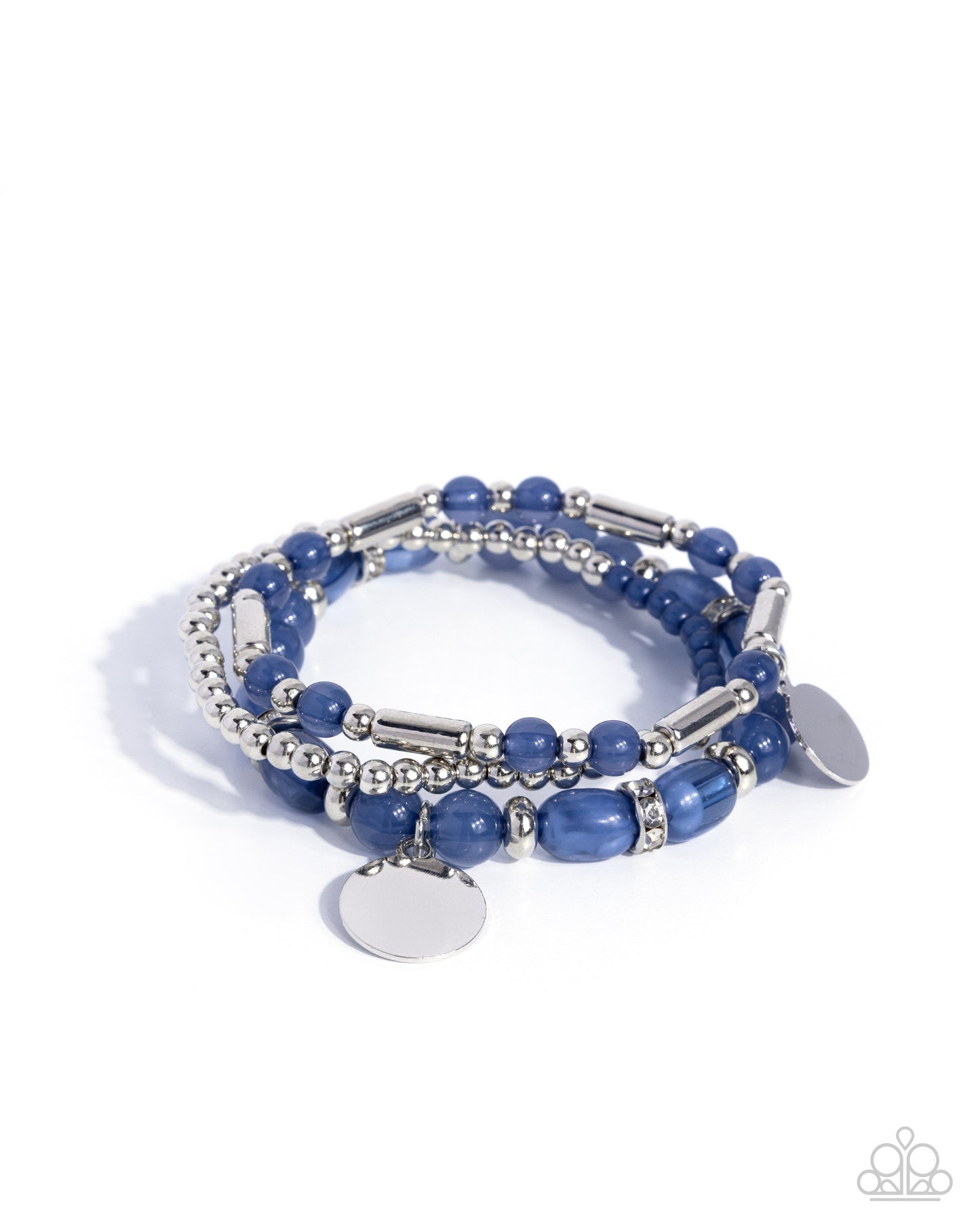 Stack of blue beaded bracelets with silver accents on a white background
