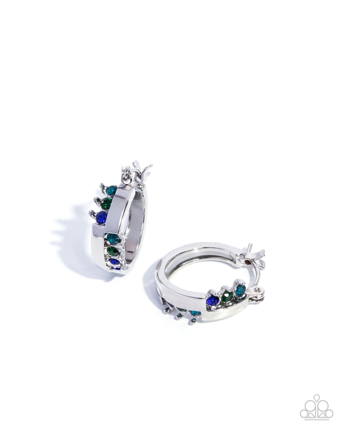 Silver hoop earrings with green and blue gemstones on a white background