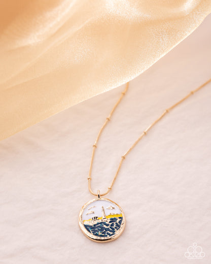 Necklace with a pendant featuring a ship design on a beige background