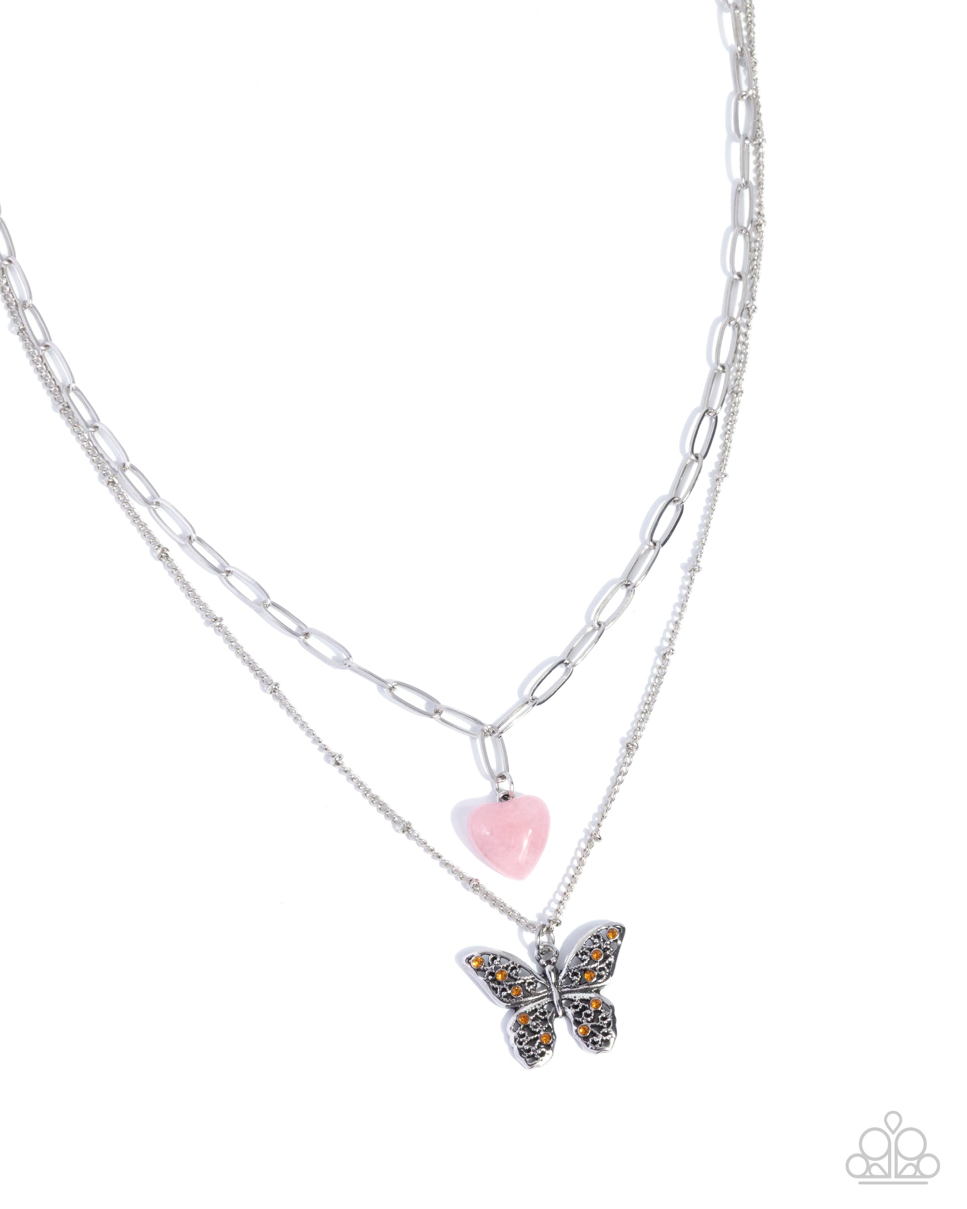 Necklace with butterfly and heart pendant on a white background