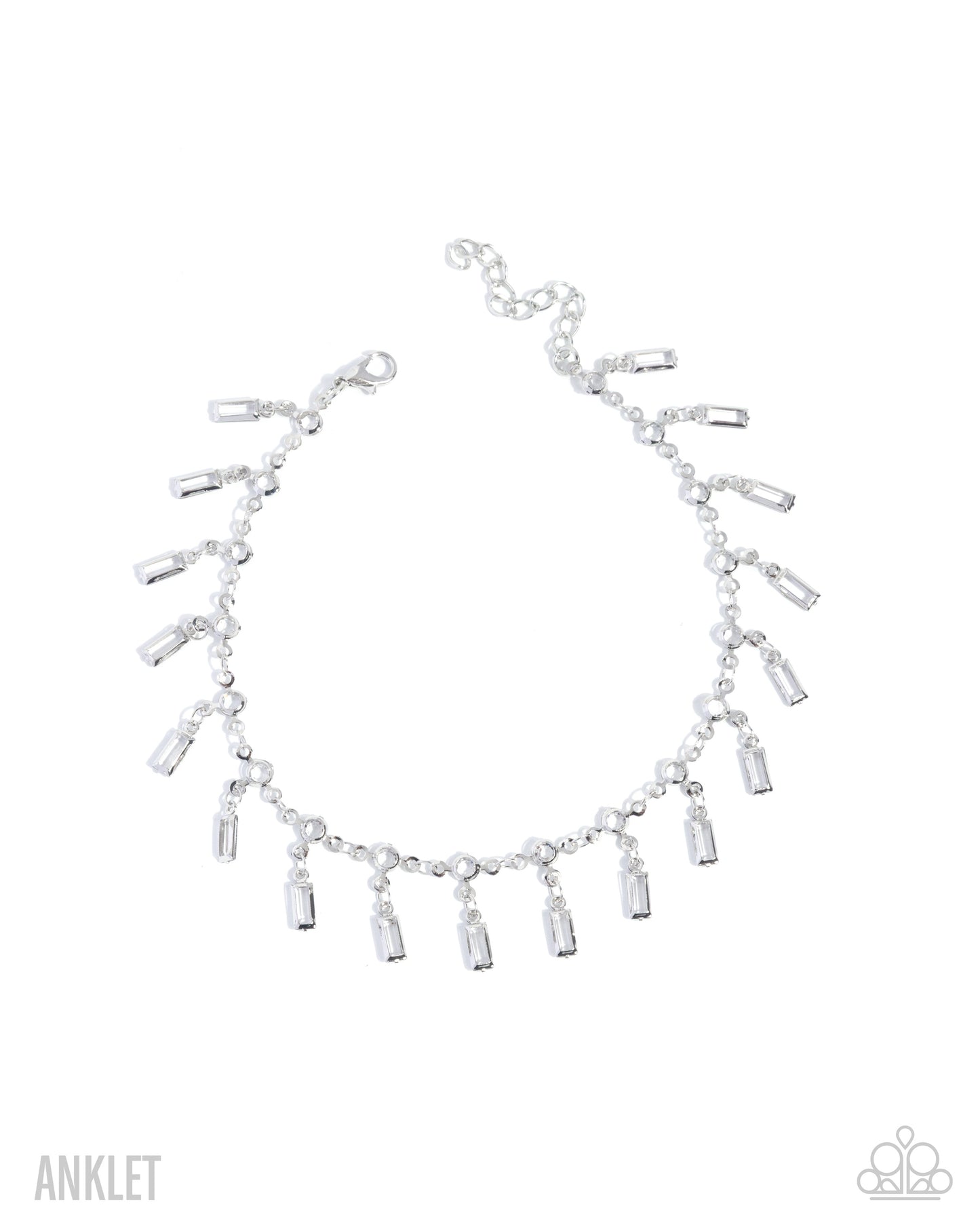 Silver anklet with dangling beads on a white background