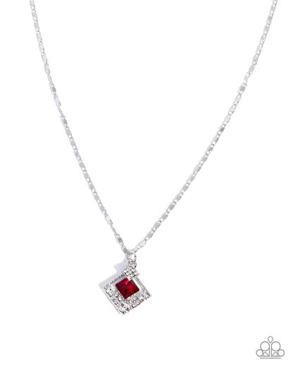 Necklace with a red square pendant on a white background