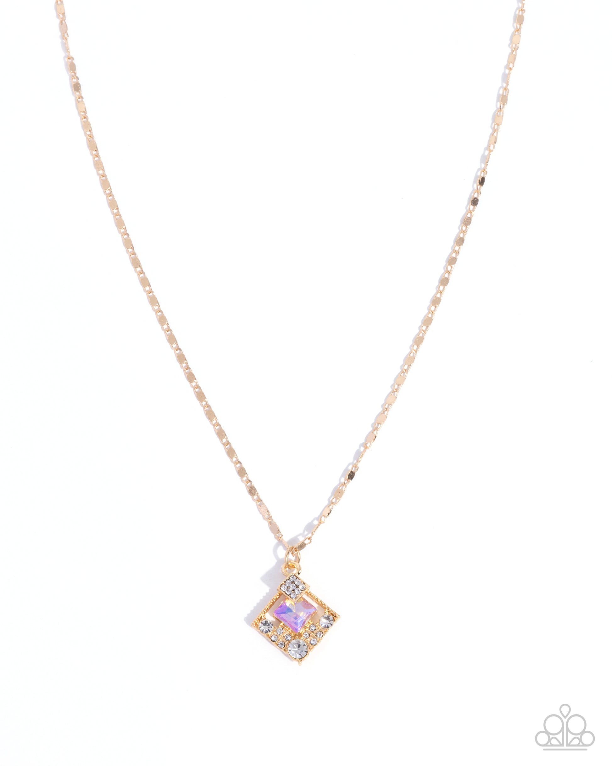 Necklace with a square pendant featuring a purple gemstone on a white background
