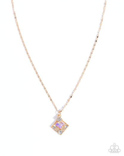 Necklace with a square pendant featuring a purple gemstone on a white background