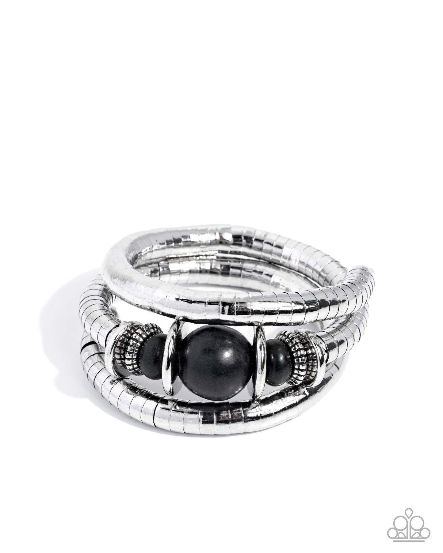 Stack of silver rings with black stones on a white background