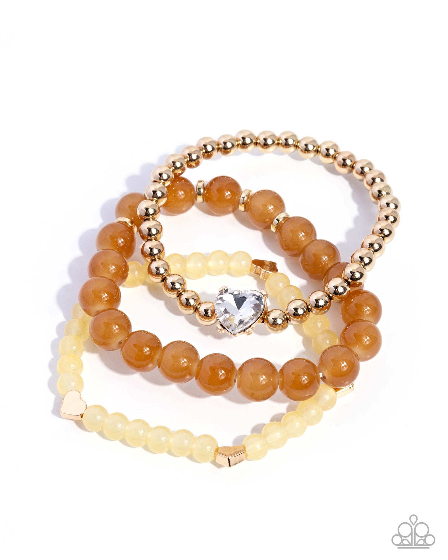 Set of beaded bracelets with gold and brown beads on a white background