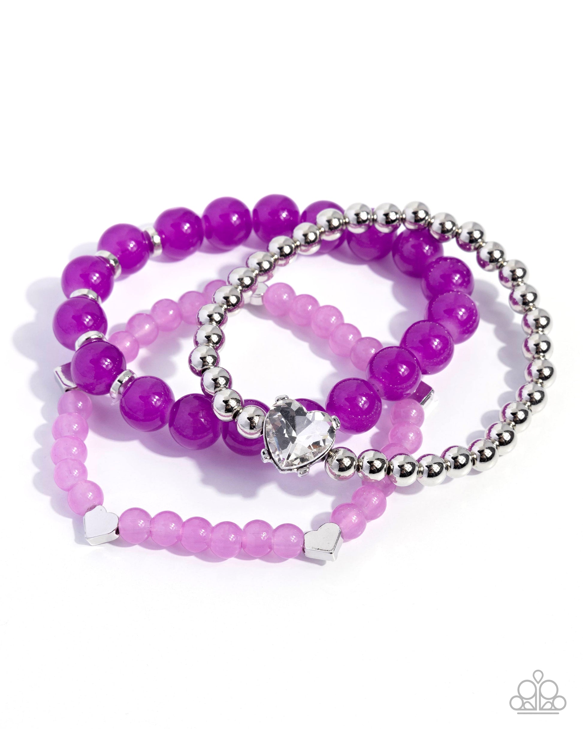 Purple and silver beaded bracelets on a white background