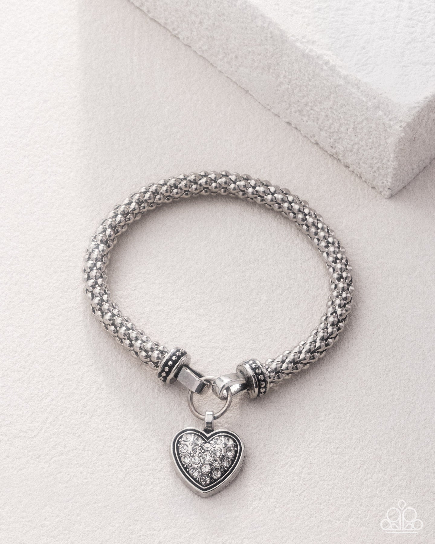 Heartfelt Hostess silver bead and white rhinestone heart bracelet detail | Jewelry by Bretta