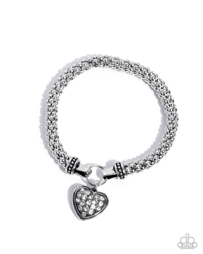 Heartfelt Hostess white rhinestone heart stretch bracelet with silver beads | Jewelry by Bretta