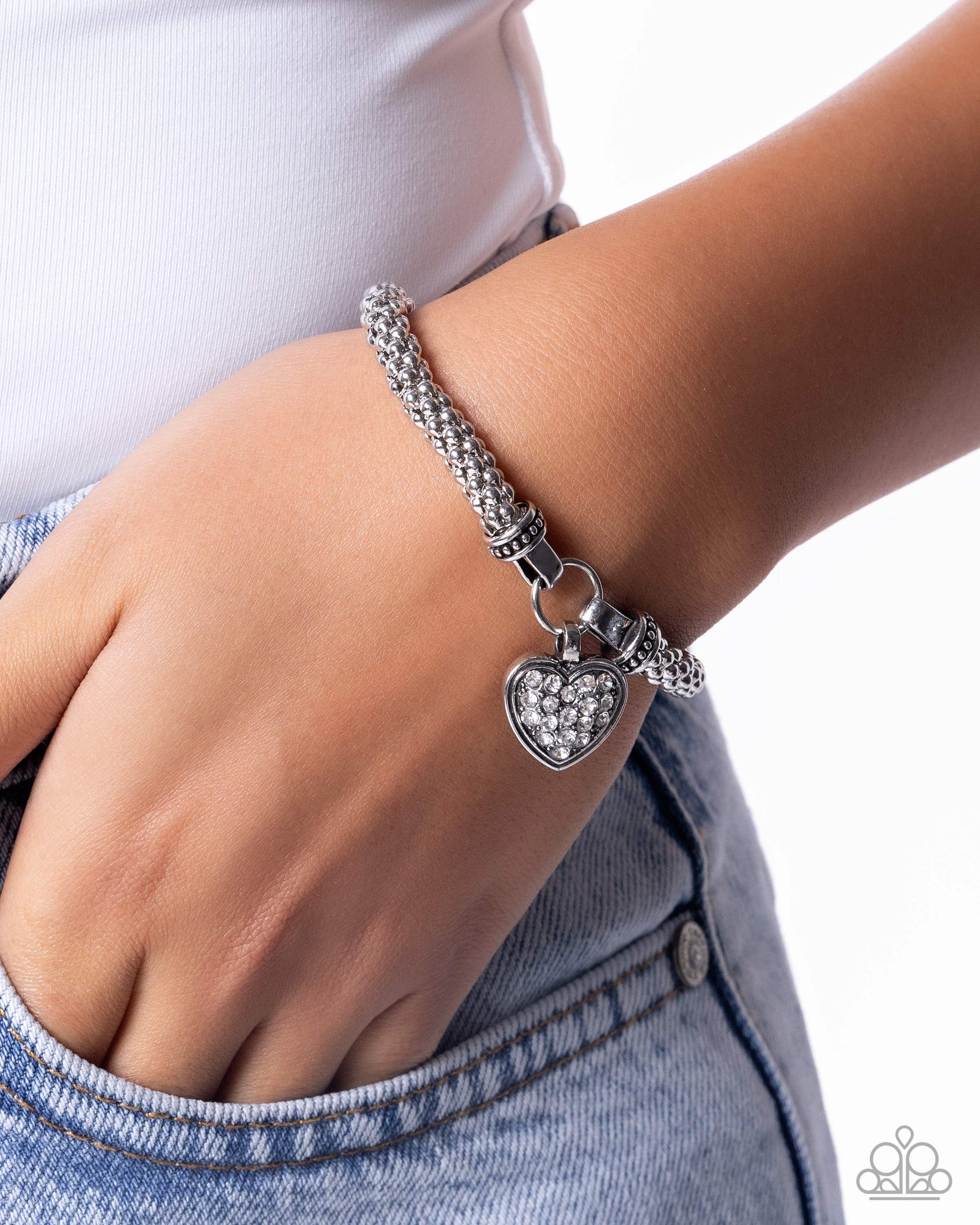 Heartfelt Hostess white heart bracelet with sparkling rhinestones and textured silver beads | Jewelry by Bretta