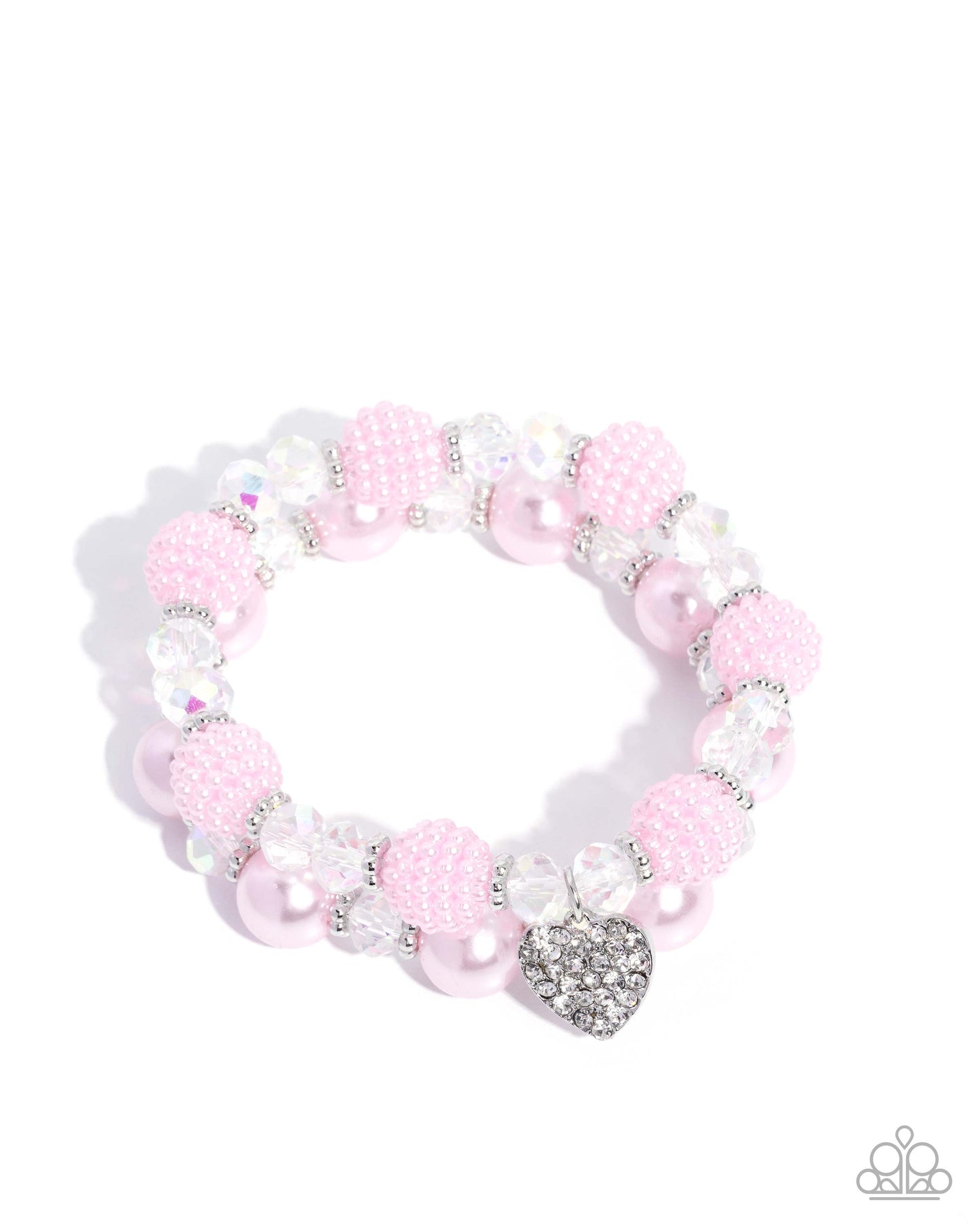 Pink beaded bracelet with a heart charm on a white background