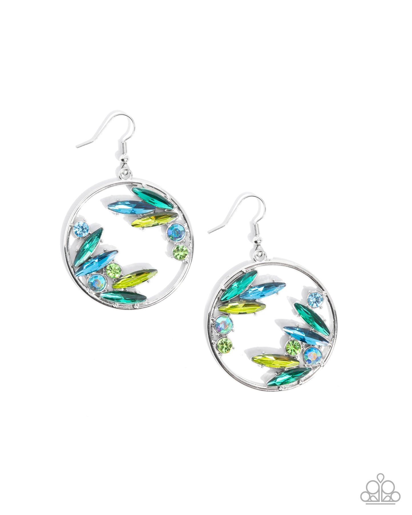 Pair of circular earrings with leaf-like designs on a white background