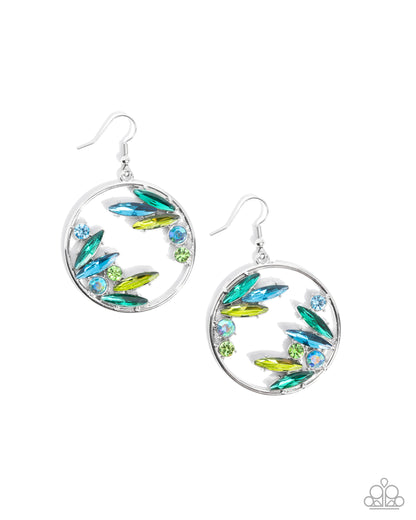 Pair of circular earrings with leaf-like designs on a white background