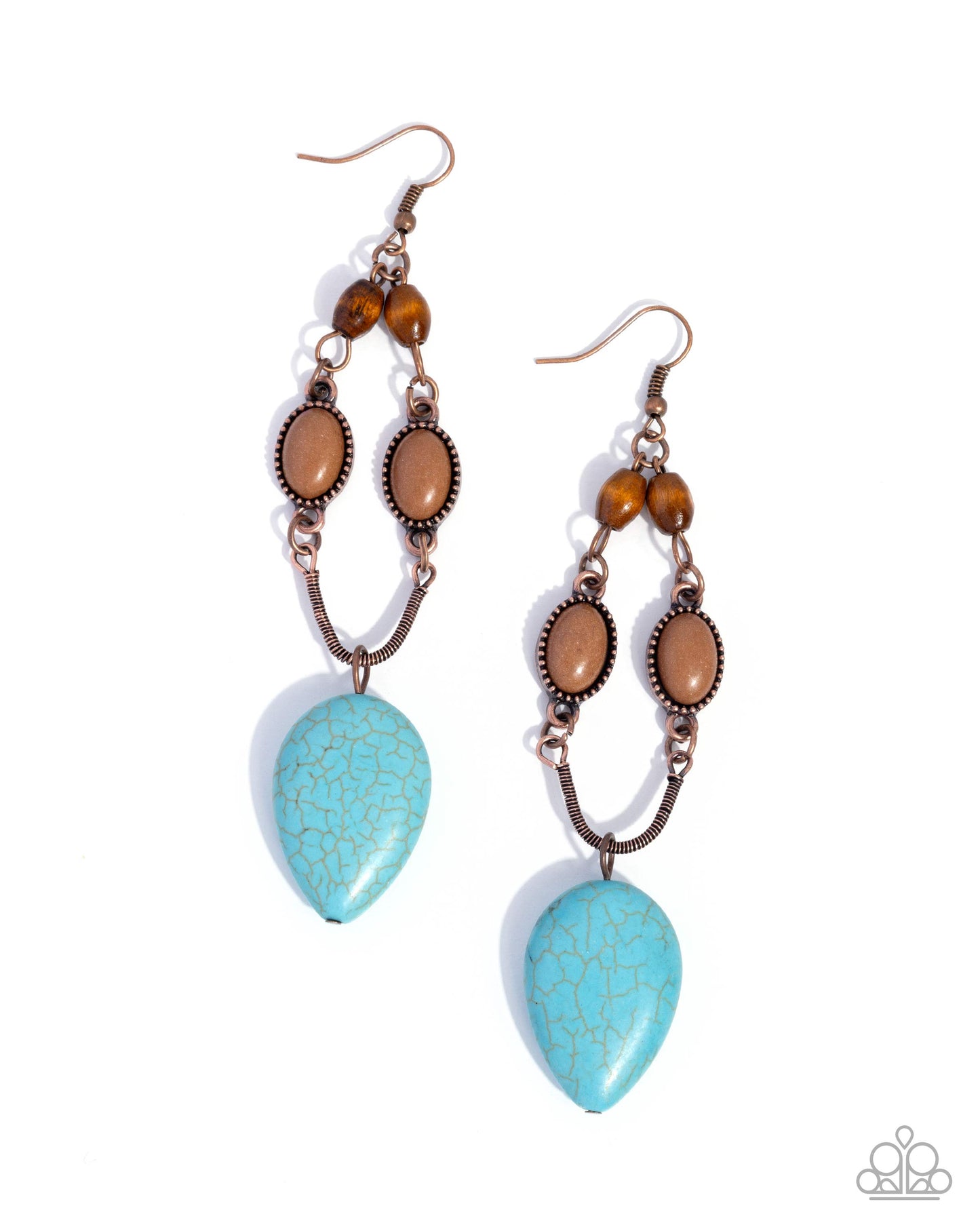 Pair of earrings with turquoise teardrop stones and brown beads on a white background