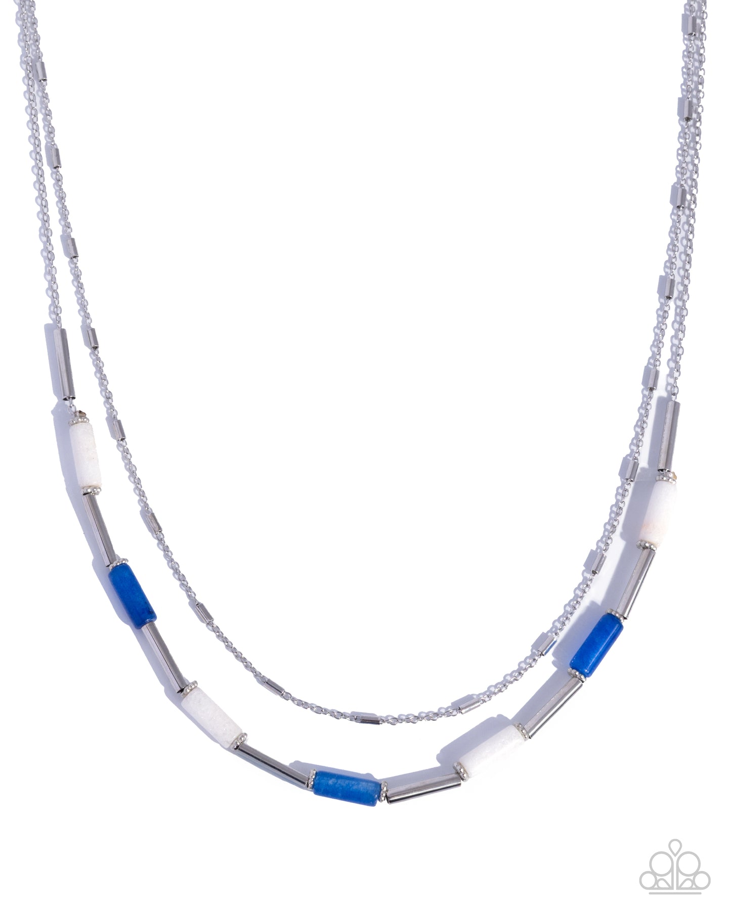 Layered necklace with blue and silver accents on a white background