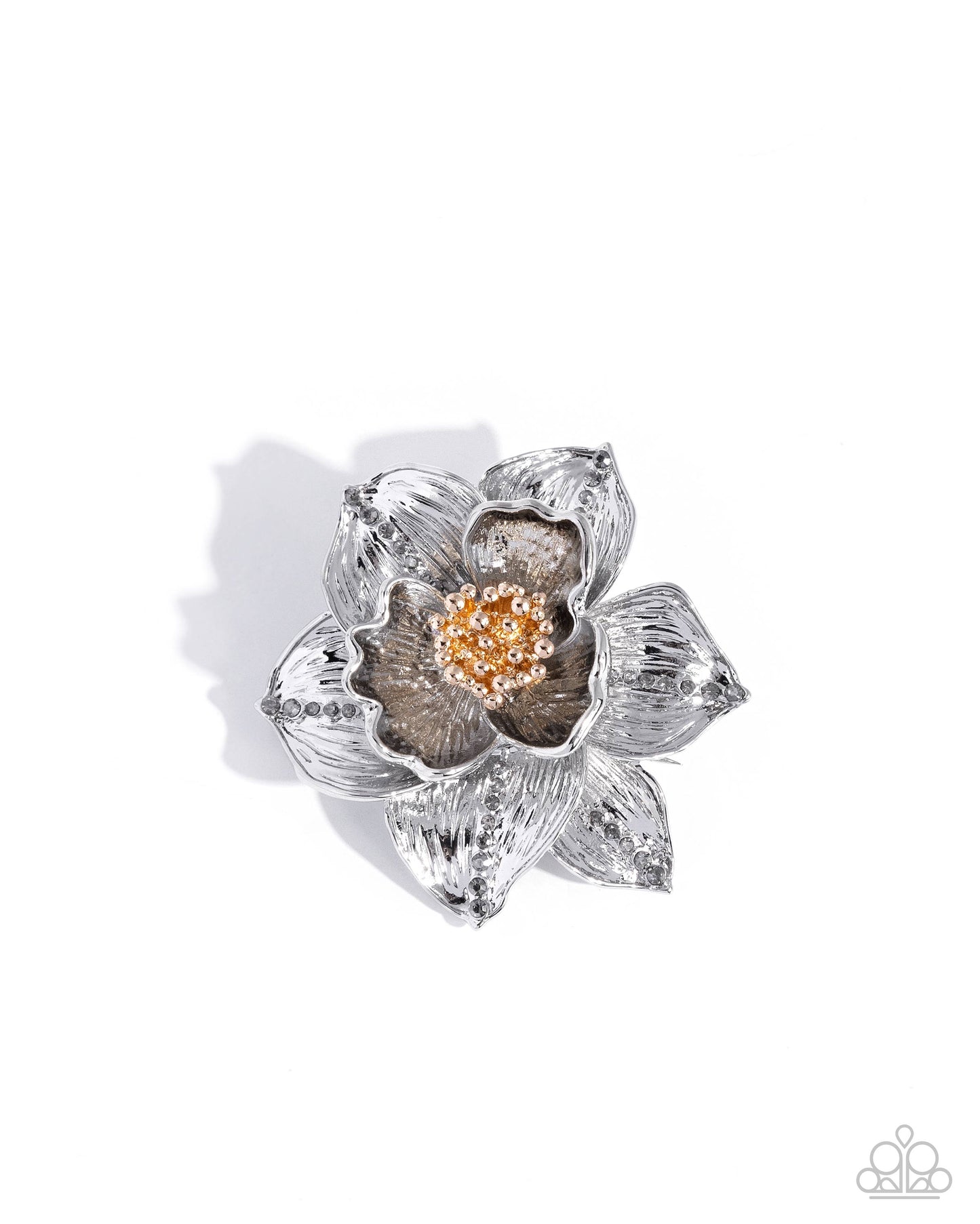 A silver-toned flower-shaped brooch with a textured, ribbed petal design and a central cluster of small gold and clear stones, shown on a white background with a soft shadow.