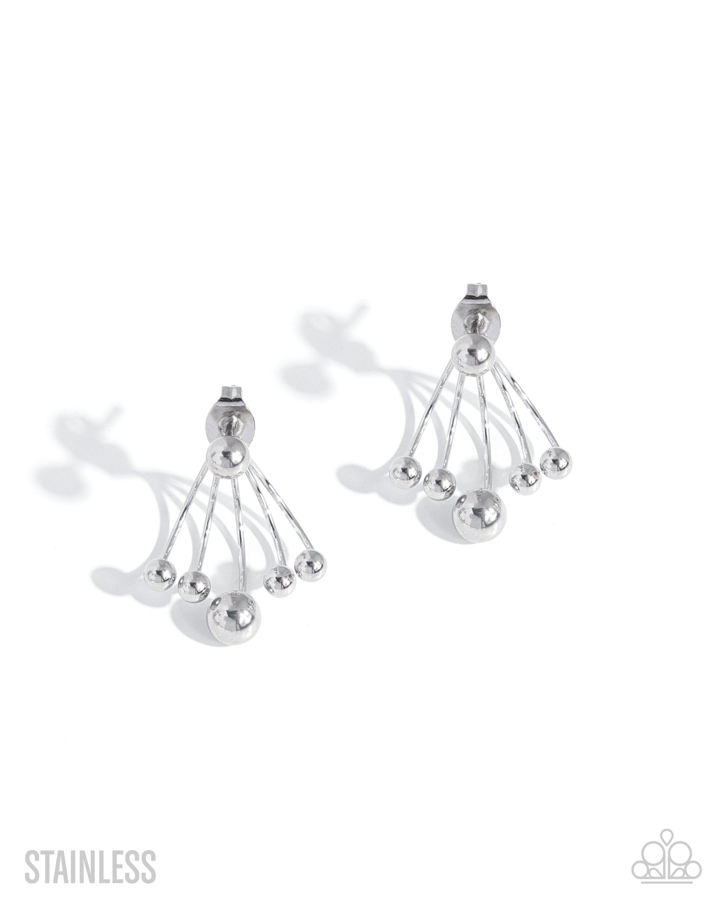 Pair of silver earrings on a white background with 'Stainless' text.