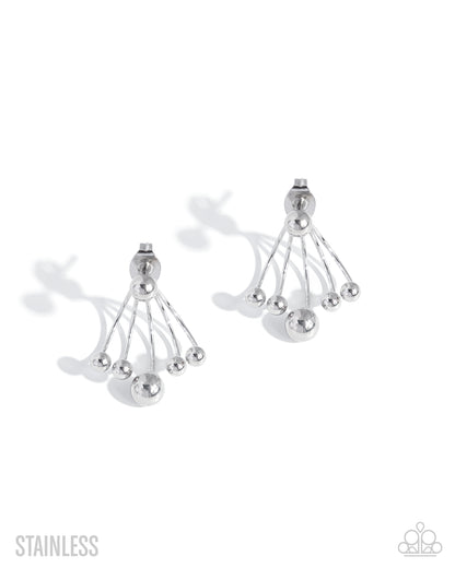 Pair of silver earrings on a white background with 'Stainless' text.