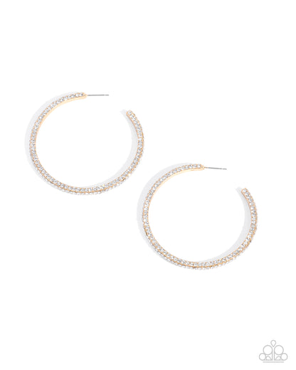 Gold hoop earrings with pearl-like beads on a white background