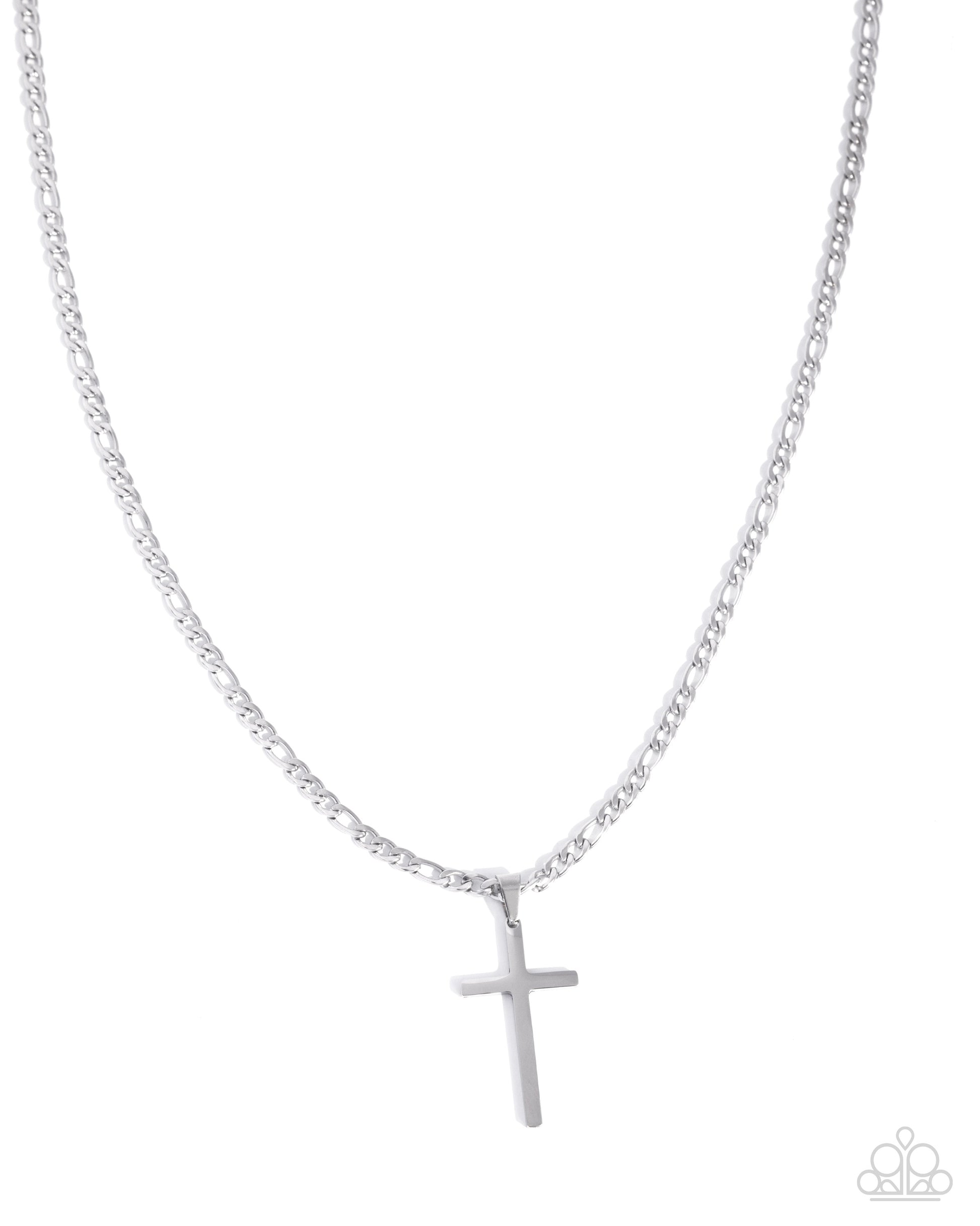 Silver cross necklace on a white background
