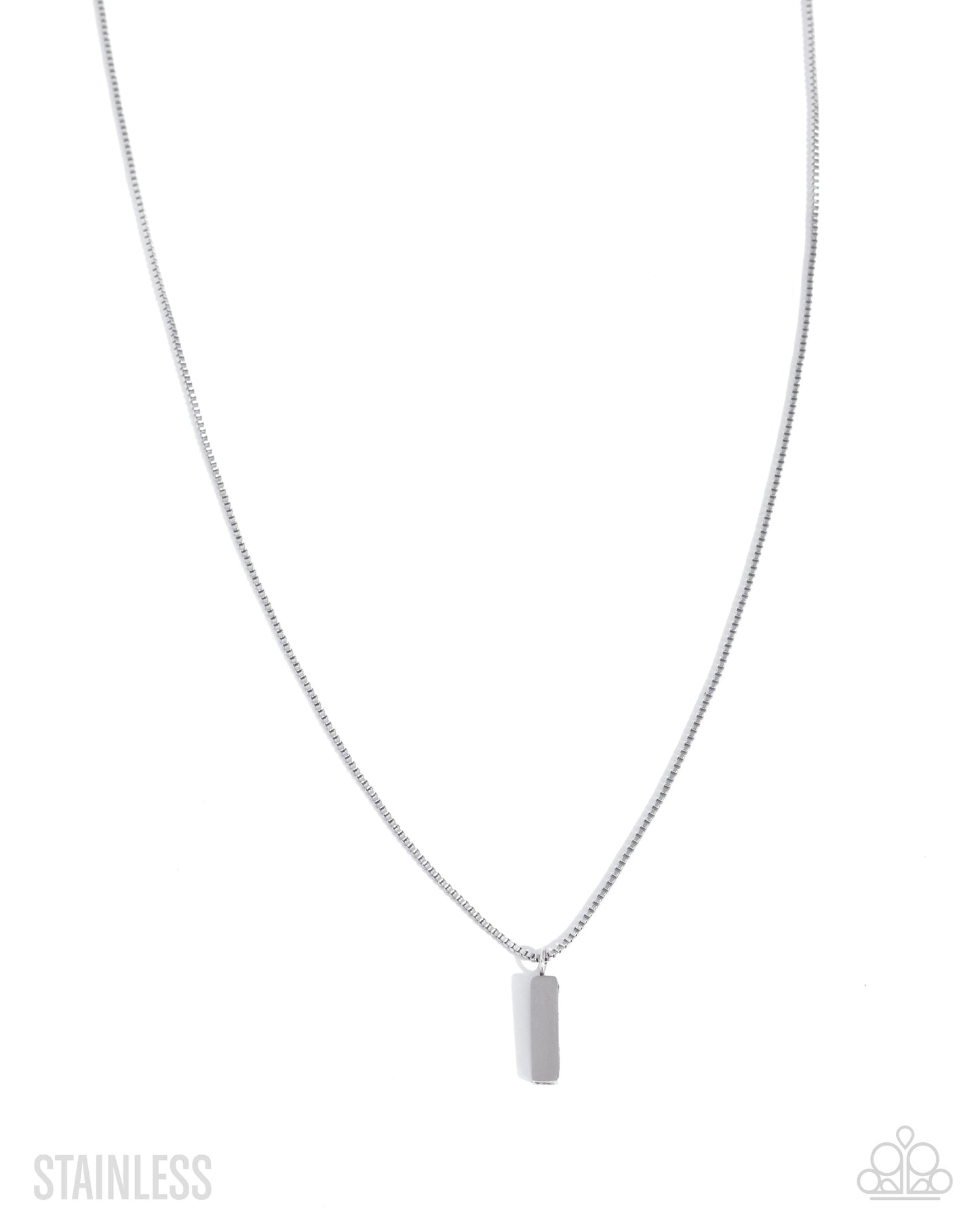 Silver necklace with a rectangular pendant on a white background