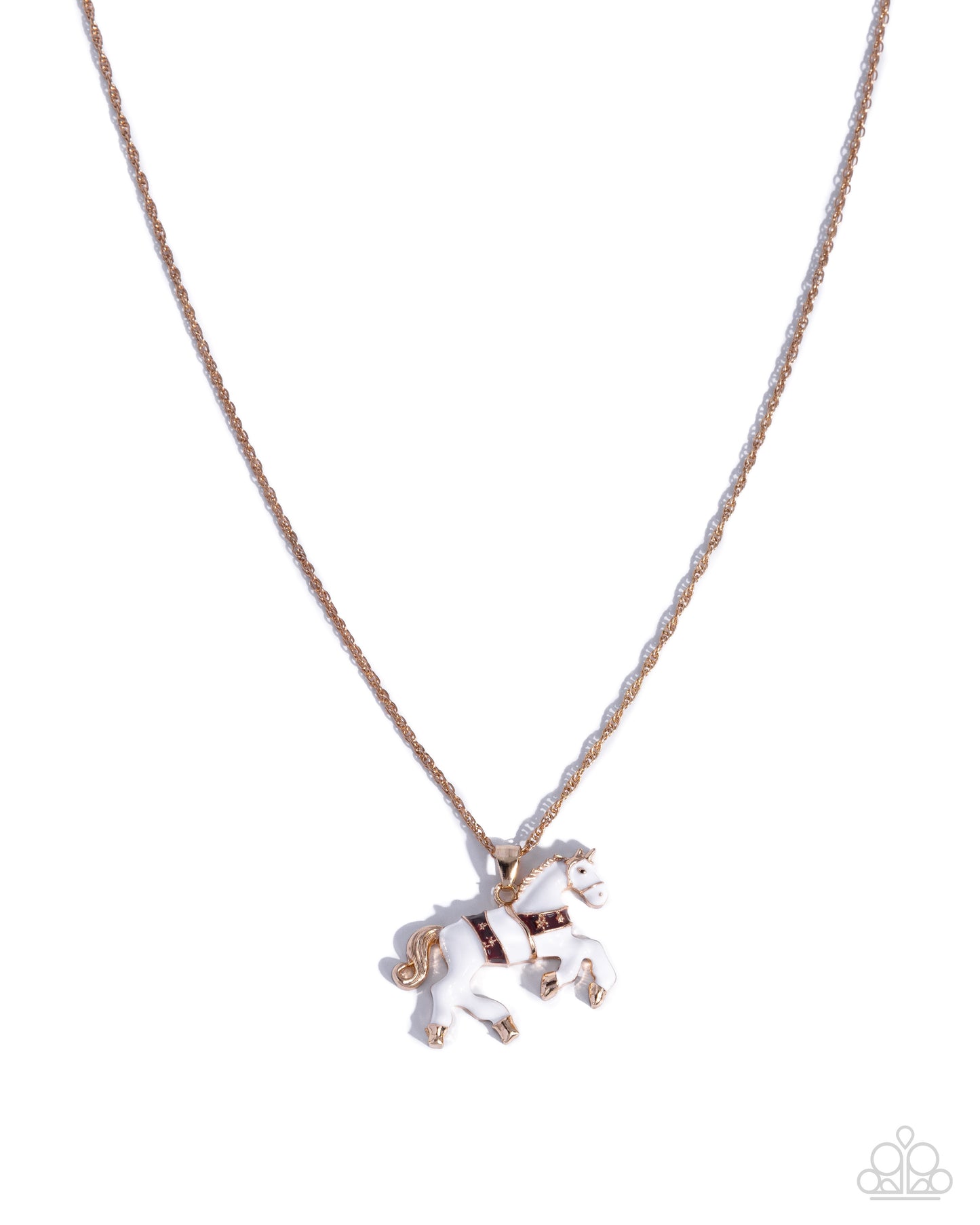 Necklace with a white unicorn pendant on a white background