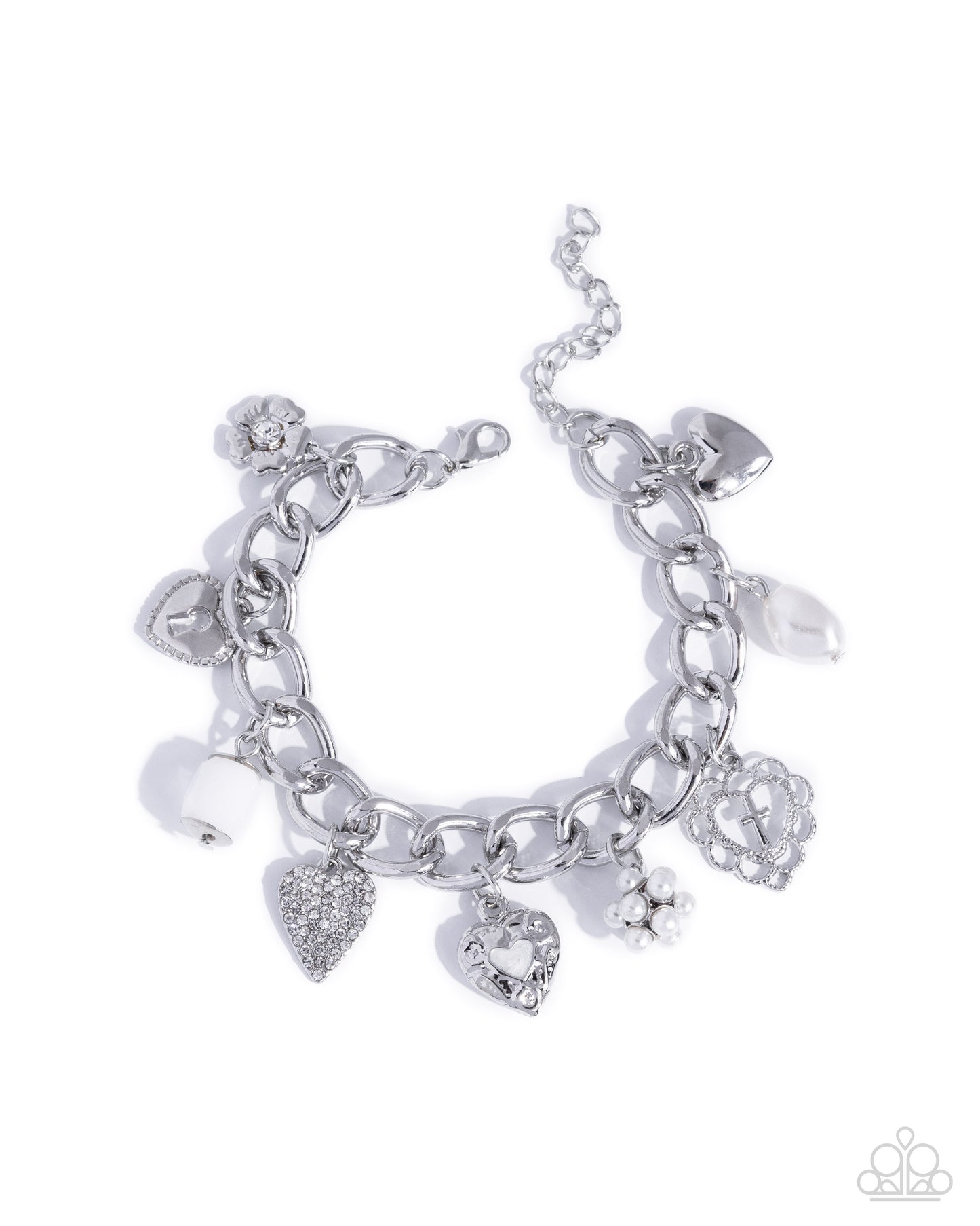 Silver charm bracelet on a white background