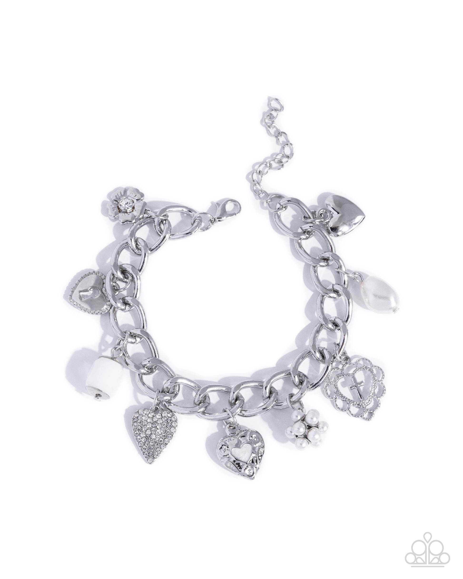 Silver charm bracelet on a white background
