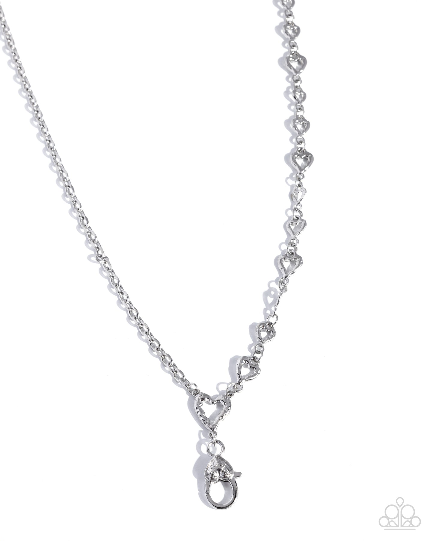 Silver necklace with heart-shaped links on a white background