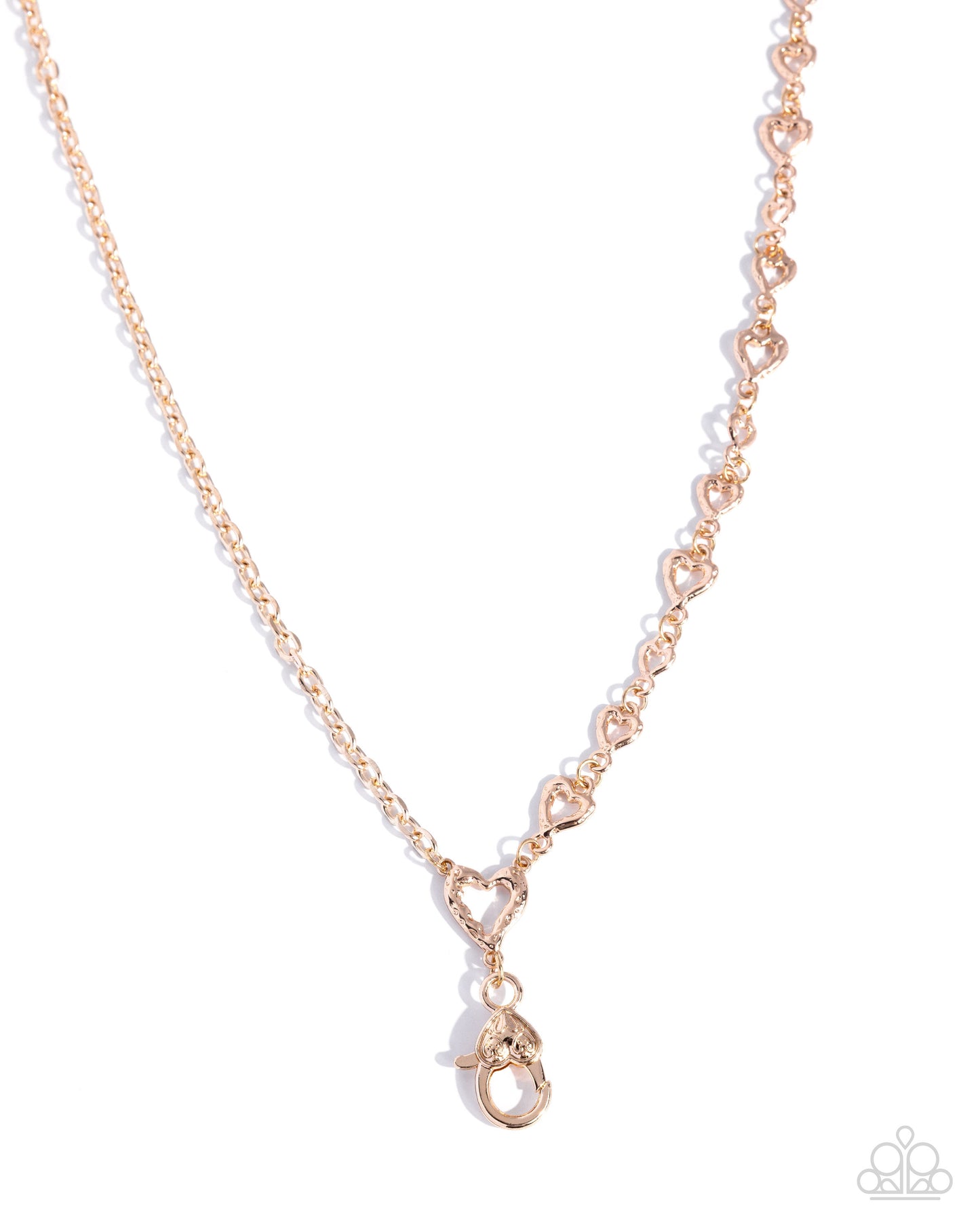 Rose gold necklace with a heart-shaped clasp on a white background
