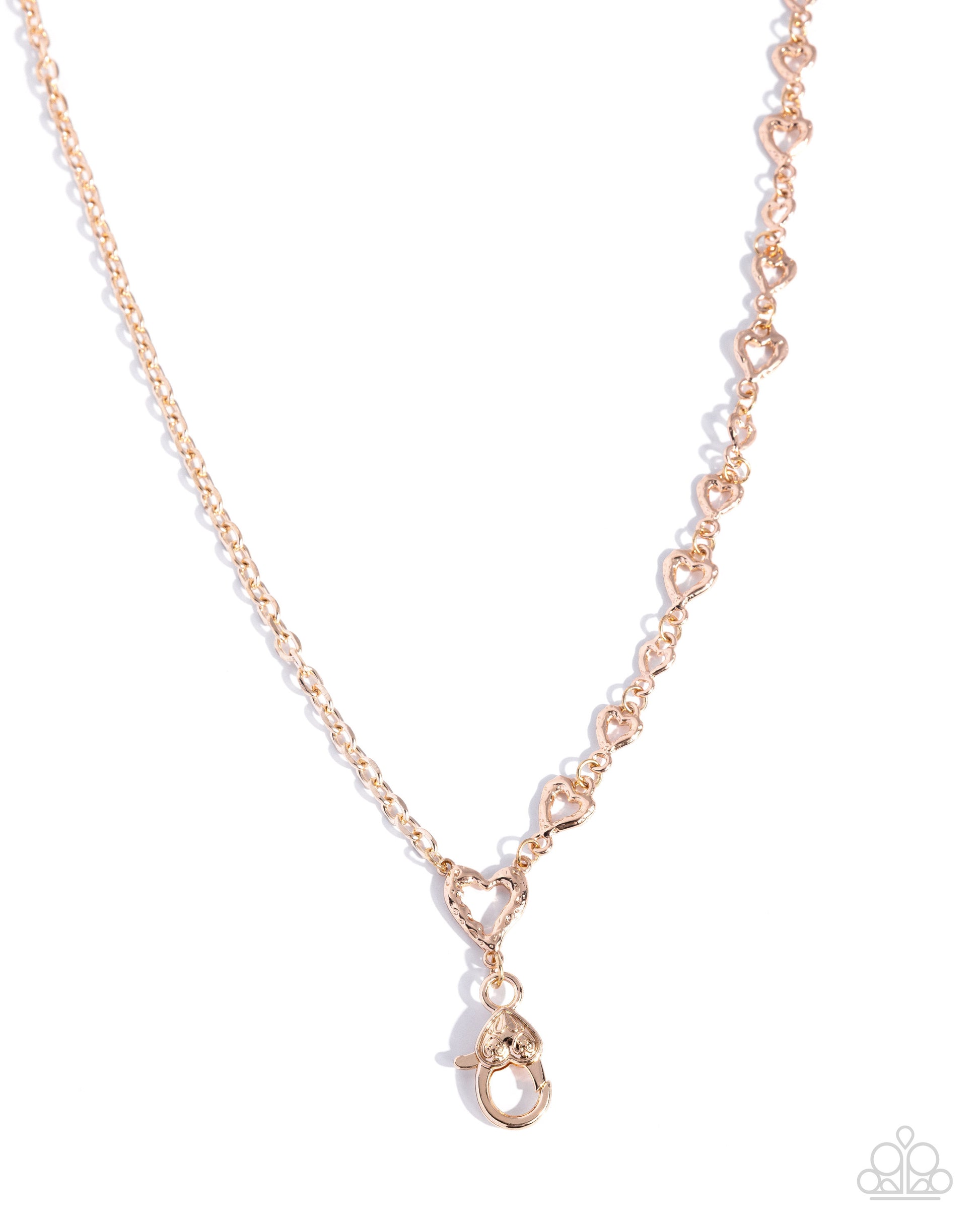 Rose gold necklace with a heart-shaped clasp on a white background
