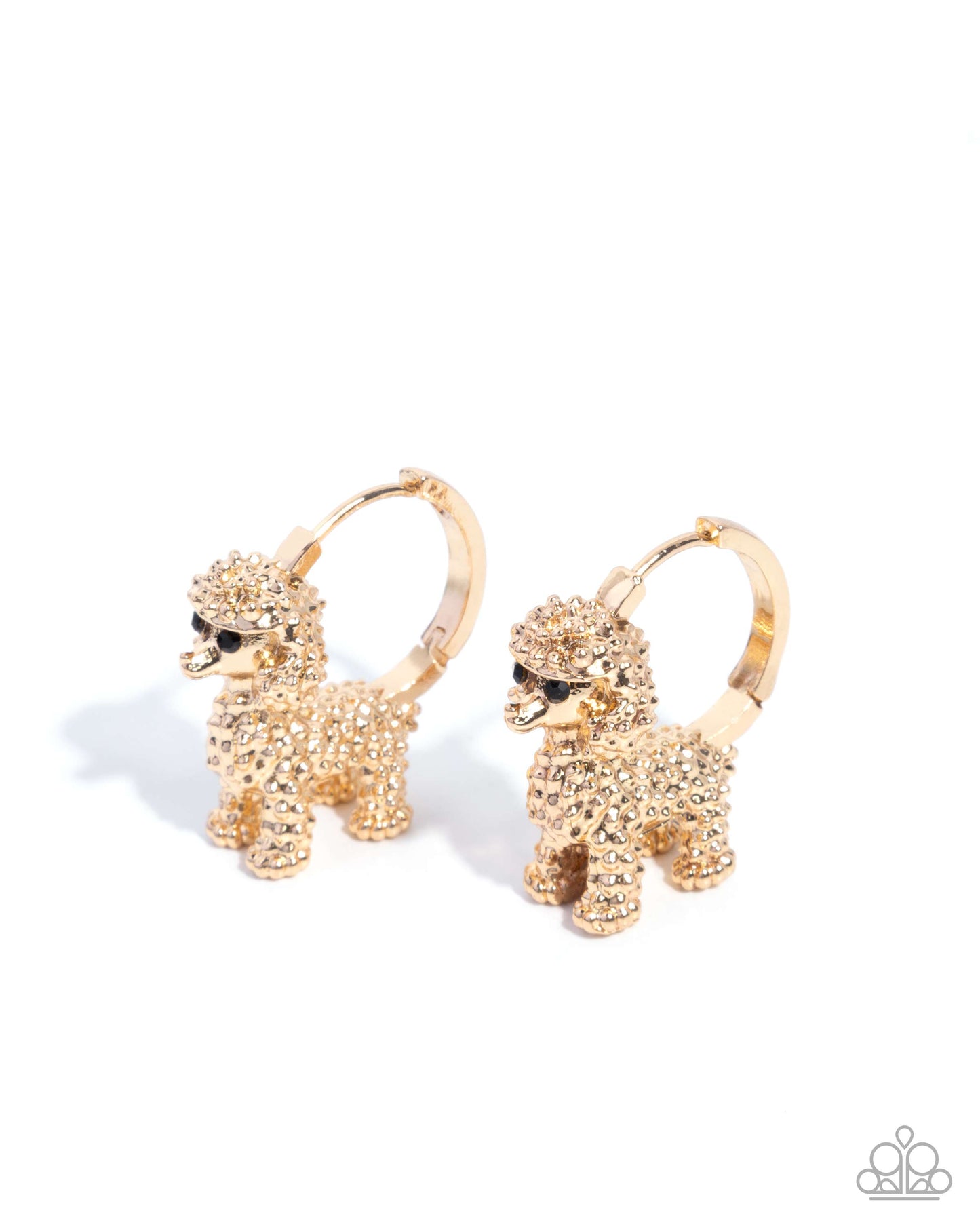 Gold poodle-shaped earrings on a white background