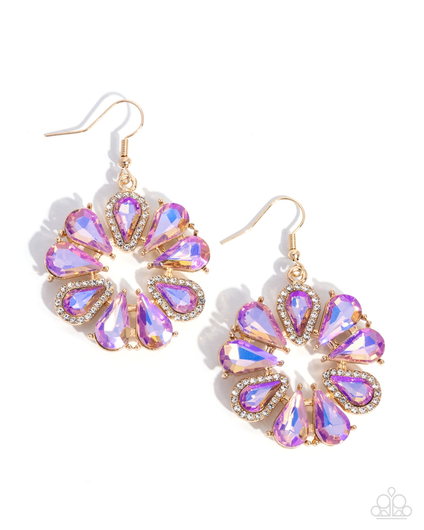 Pair of colorful earrings with gold accents on a white background
