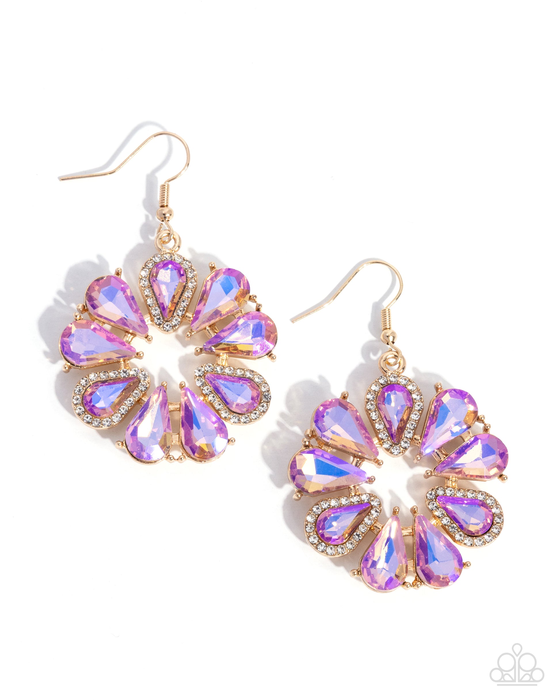 Pair of colorful earrings with gold accents on a white background