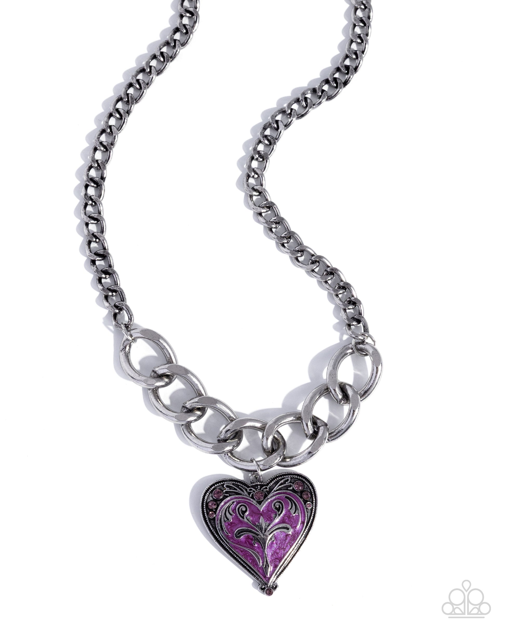 Silver chain necklace with a purple heart-shaped pendant on a white background